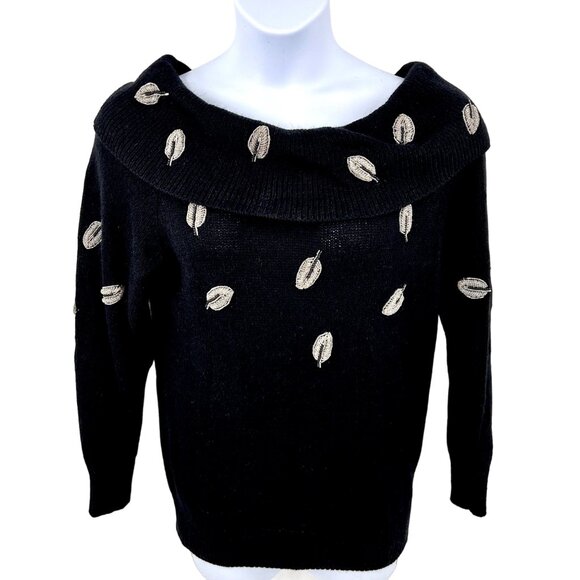 E.M.T. Sweaters - VINTAGE E.M.T. ON/OFF SHOULDER BEADED LEAF SILK ANGORA SWEATER - M